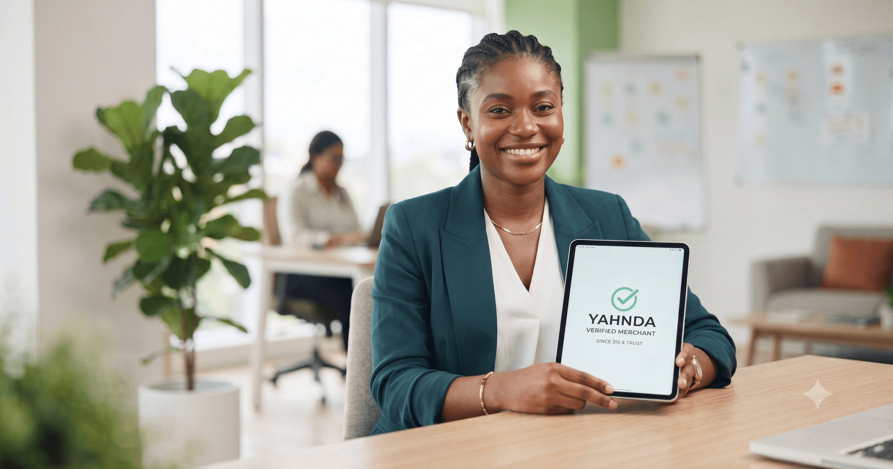 A merchant holding a tablet showing their YAHNDA Verified Merchant badge
